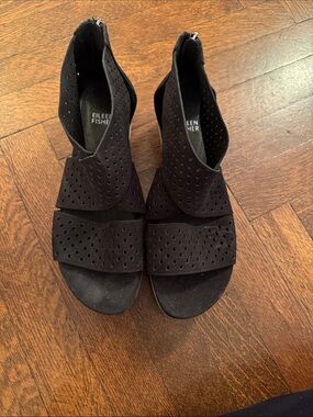 Eileen Fisher Black Perforated Suede Open-Toe Sandals